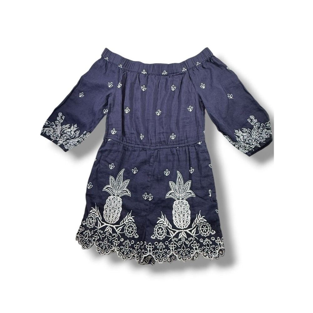 Farm Rio Jackie Navy Off The Shoulder Romper Embroidered Pineapple Petite XS